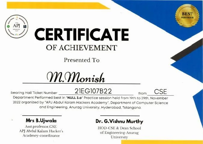 Certificate of achievement, Smart India Hackathon internal round